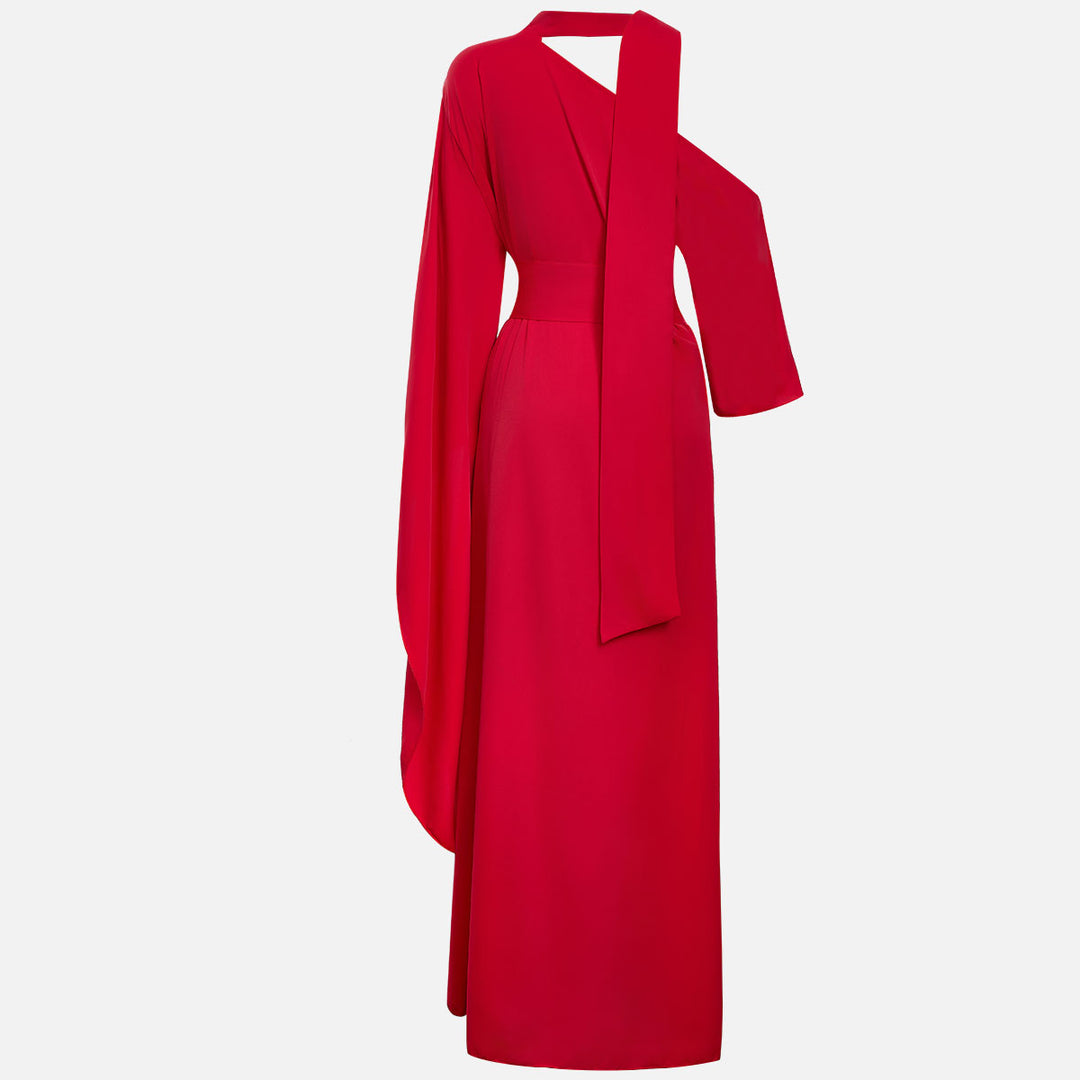 Red One Shoulder Cape Sleeve Belted Slit Maxi Gown for Evening Events and Wedding Guest Elegance Women-Vyana Collective