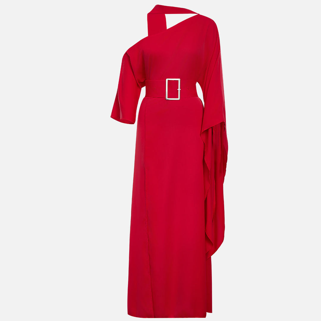 Red One Shoulder Cape Sleeve Belted Slit Maxi Gown for Evening Events and Wedding Guest Elegance Women-Vyana Collective