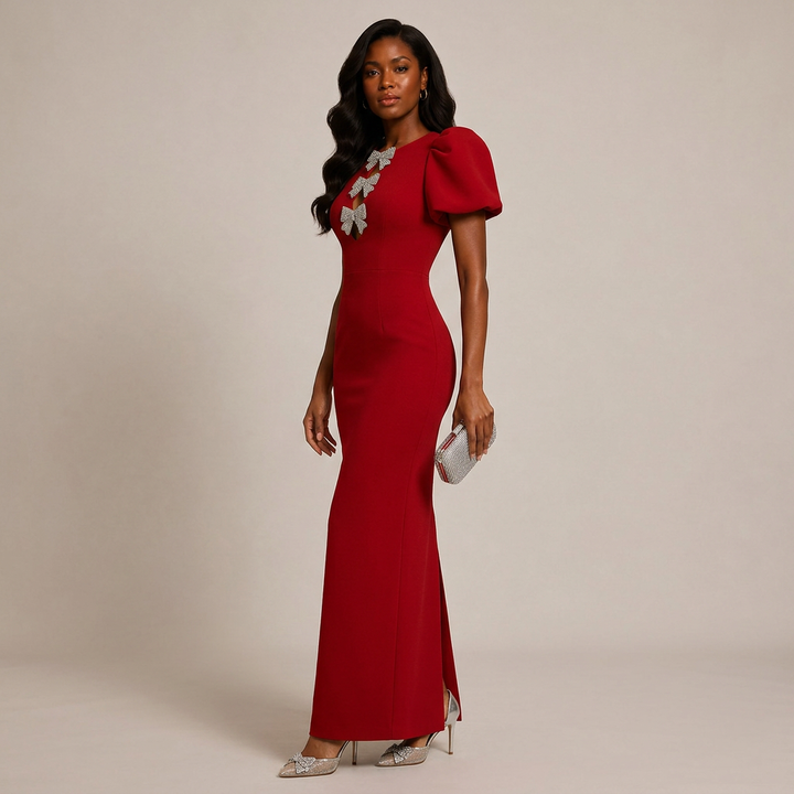 Red Puff-Sleeve Crystal Bow Midi Sheath Dress-Vyana Collective