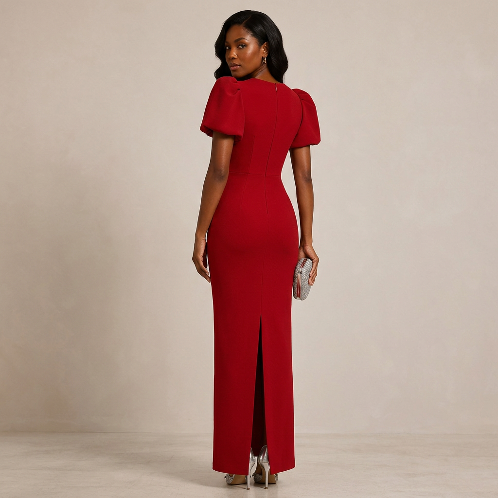 Red Puff-Sleeve Crystal Bow Midi Sheath Dress-Vyana Collective