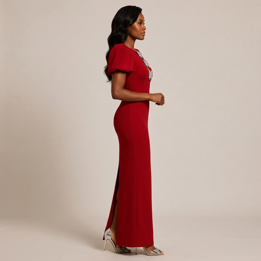 Red Puff-Sleeve Crystal Bow Midi Sheath Dress-Vyana Collective