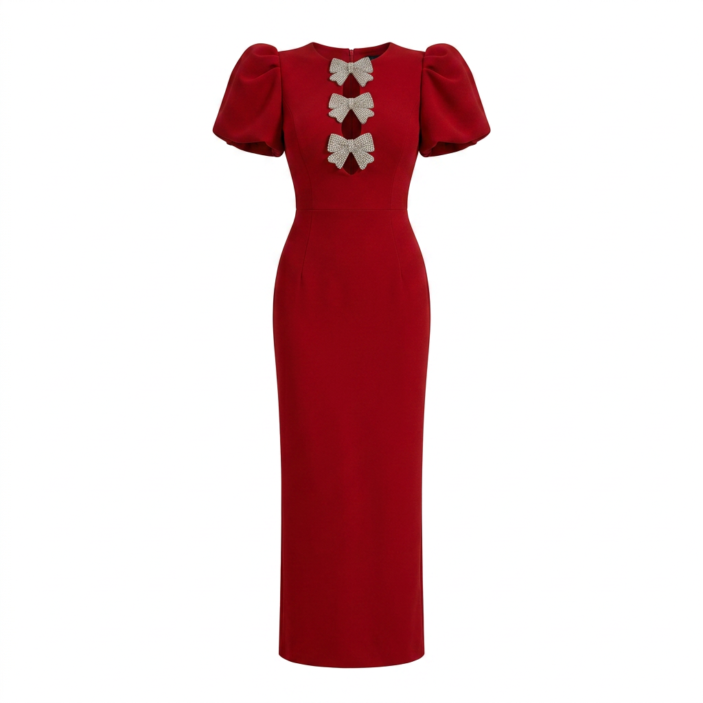 Red Puff-Sleeve Crystal Bow Midi Sheath Dress-Vyana Collective