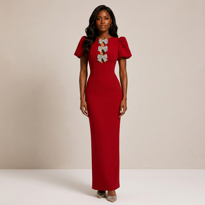 Red Puff-Sleeve Crystal Bow Midi Sheath Dress-Vyana Collective
