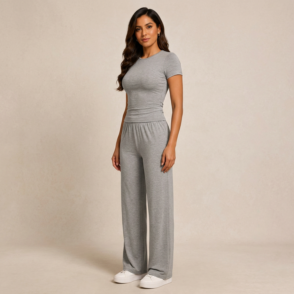 Relaxed Grey Tee & Wide-Leg Lounge Pants Set-Vyana Collective