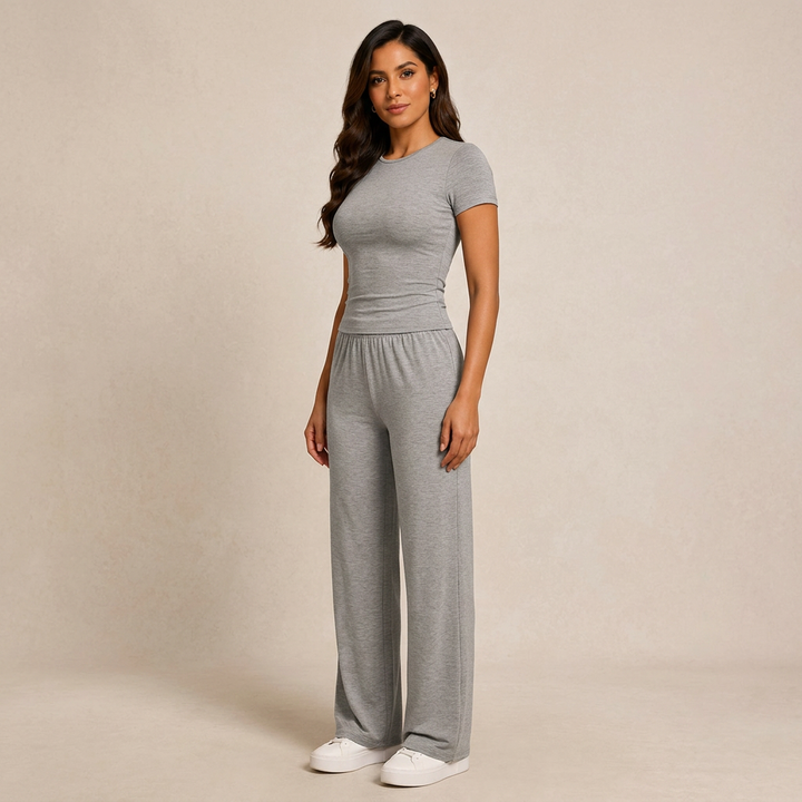 Relaxed Grey Tee & Wide-Leg Lounge Pants Set-Vyana Collective
