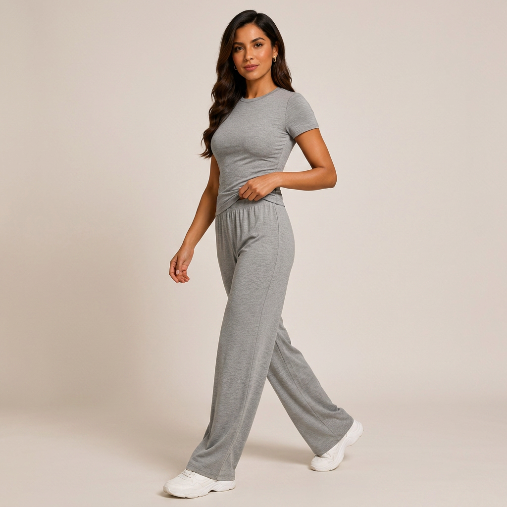 Relaxed Grey Tee & Wide-Leg Lounge Pants Set-Vyana Collective