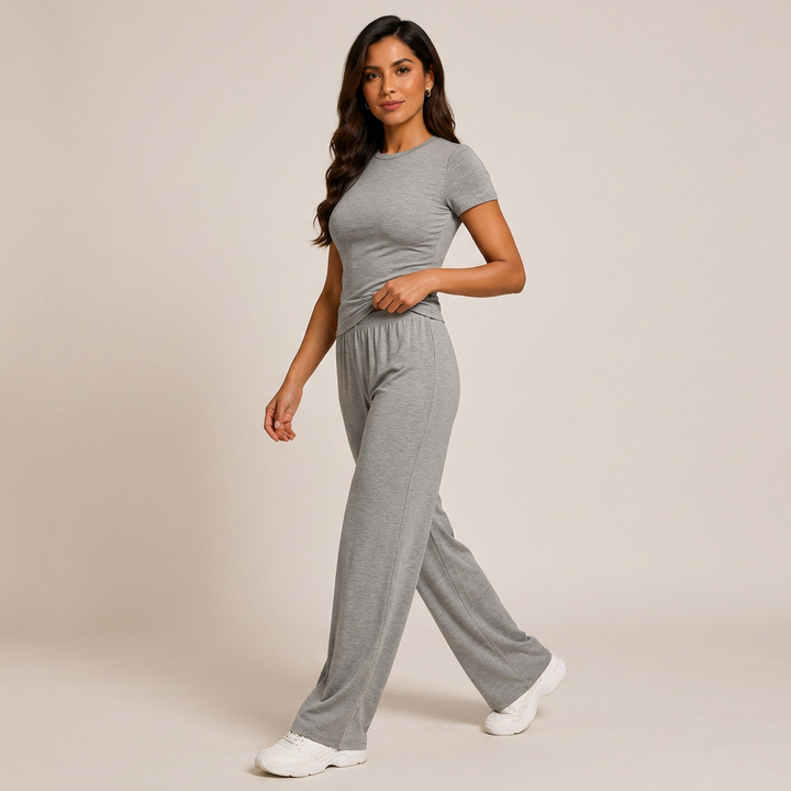 Relaxed Grey Tee & Wide-Leg Lounge Pants Set-Vyana Collective