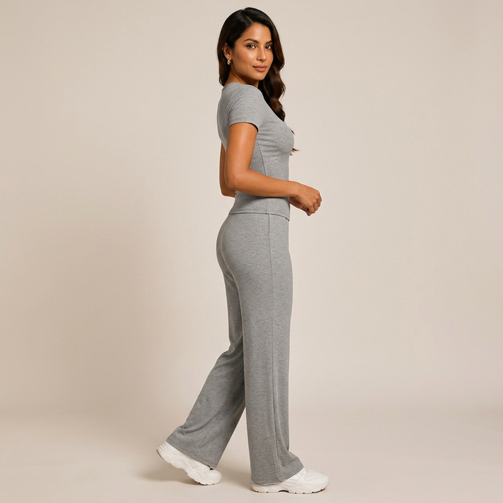 Relaxed Grey Tee & Wide-Leg Lounge Pants Set-Vyana Collective