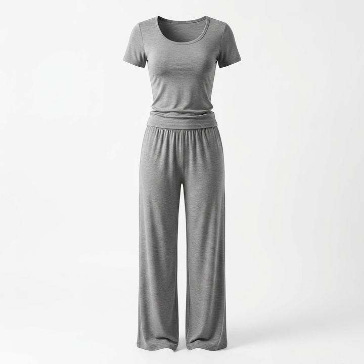 Relaxed Grey Tee & Wide-Leg Lounge Pants Set-Vyana Collective