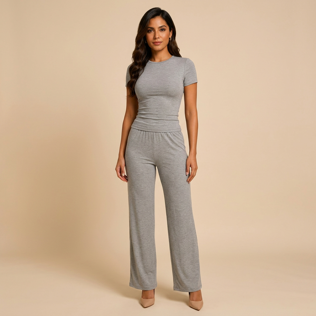 Relaxed Grey Tee & Wide-Leg Lounge Pants Set-Vyana Collective