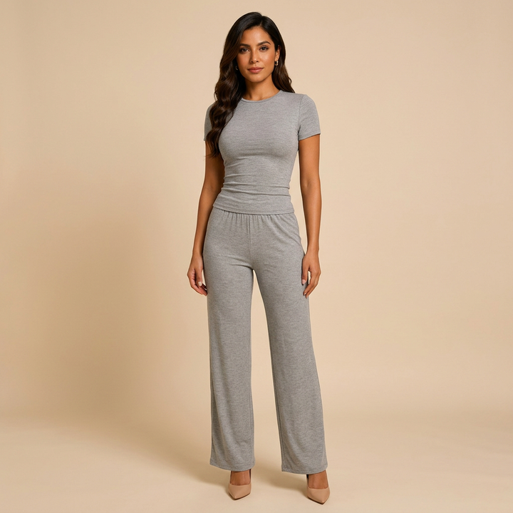 Relaxed Grey Tee & Wide-Leg Lounge Pants Set-Vyana Collective