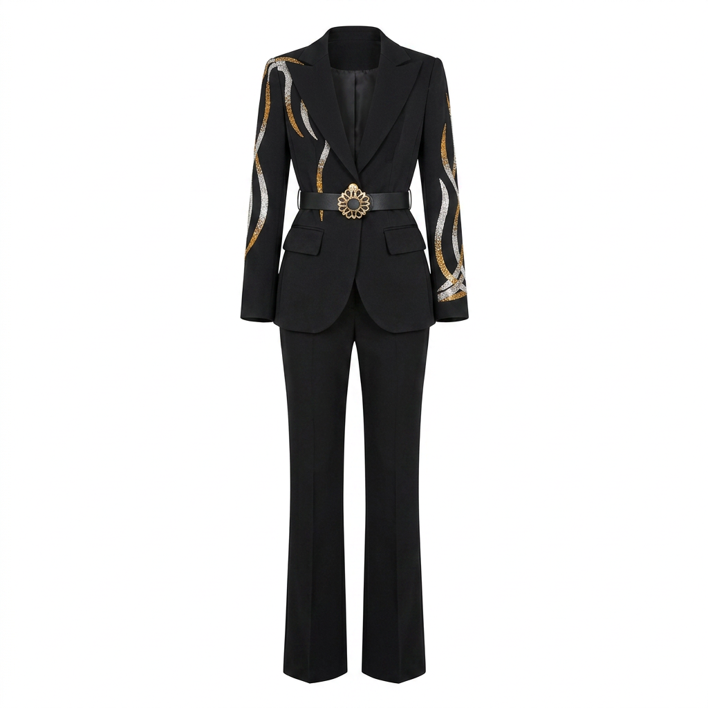 Rhinestone Belt Blazer and Flared Pants Suit Set for Elegant Evening Style Women-Vyana Collective