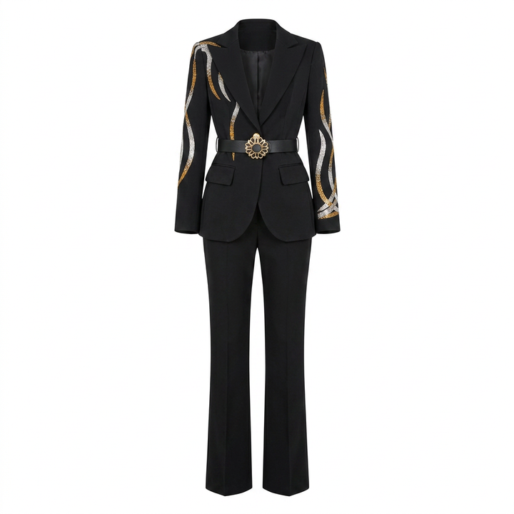 Rhinestone Belt Blazer and Flared Pants Suit Set for Elegant Evening Style Women-Vyana Collective