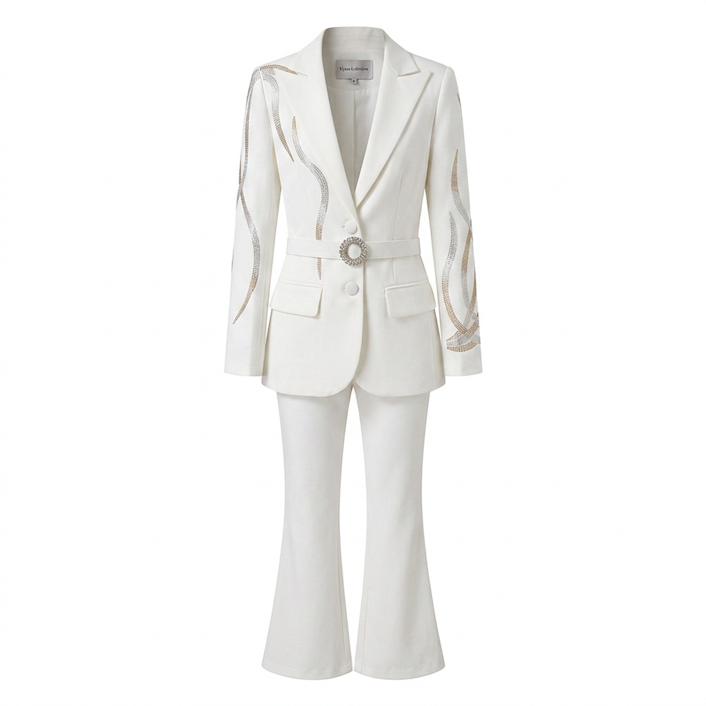 Rhinestone Belt Blazer and Flared Pants Suit Set for Elegant Evening Style Women-Vyana Collective