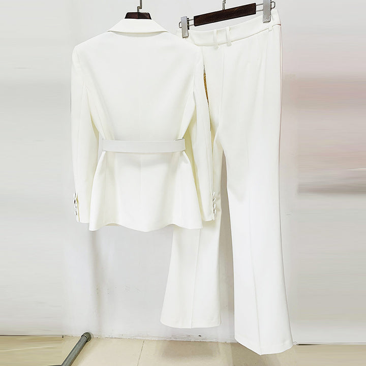 Rhinestone Belt Blazer and Flared Pants Suit Set for Elegant Evening Style Women-Vyana Collective