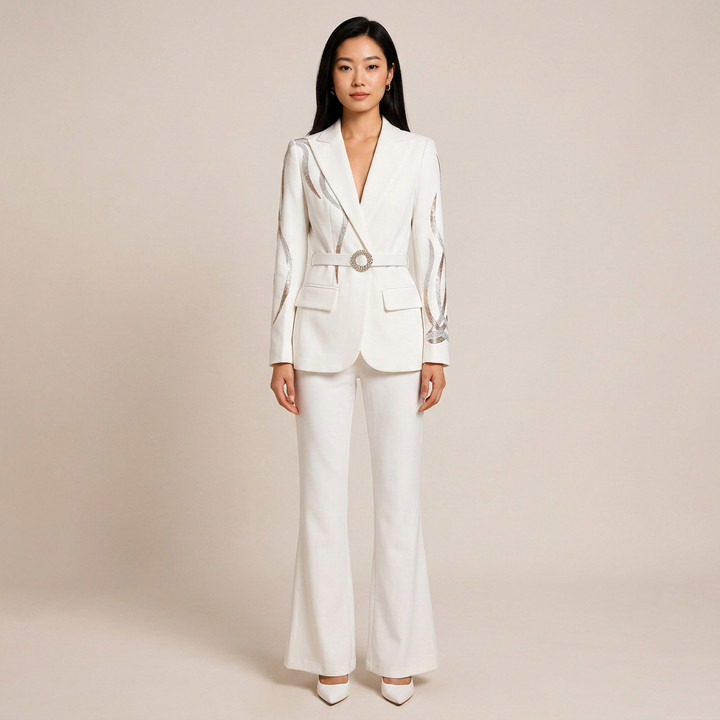 Rhinestone Belt Blazer and Flared Pants Suit Set for Elegant Evening Style Women-Vyana Collective