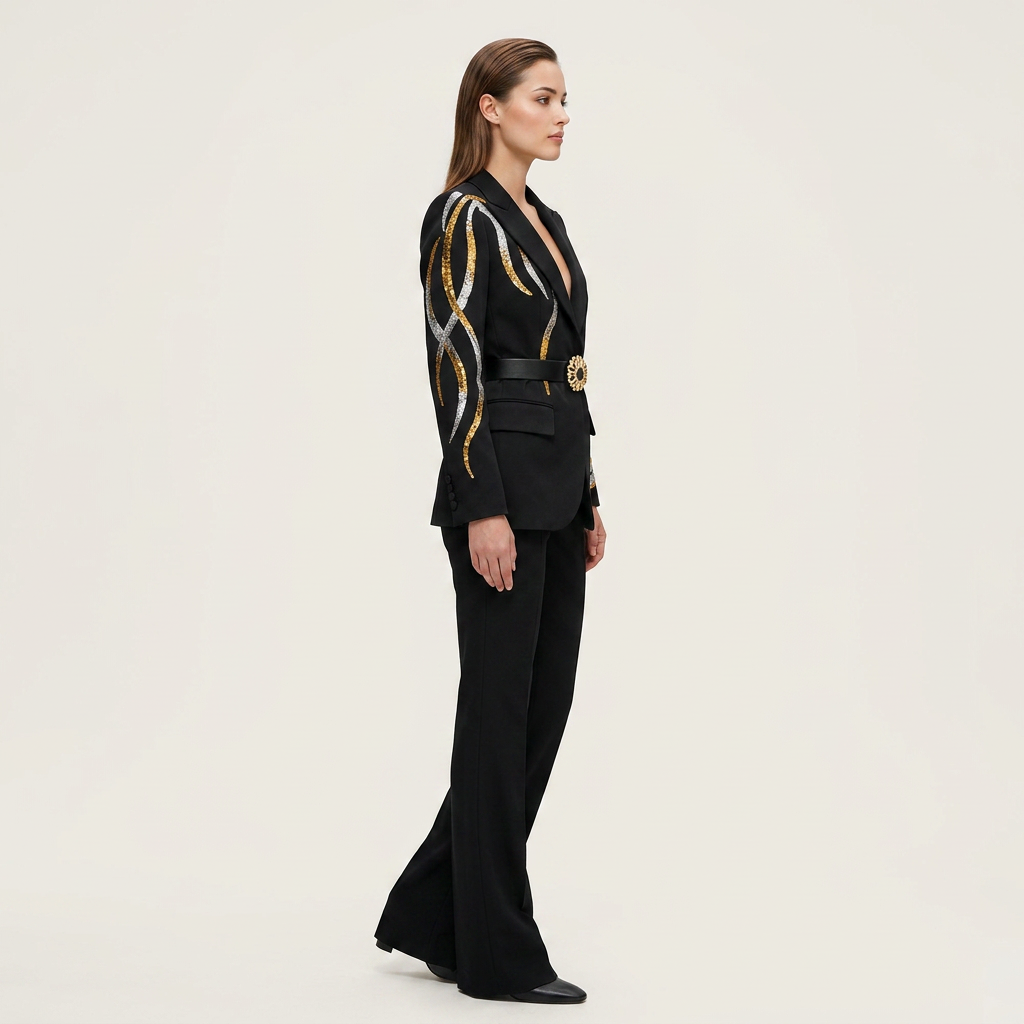 Rhinestone Belt Blazer and Flared Pants Suit Set for Elegant Evening Style Women-Vyana Collective