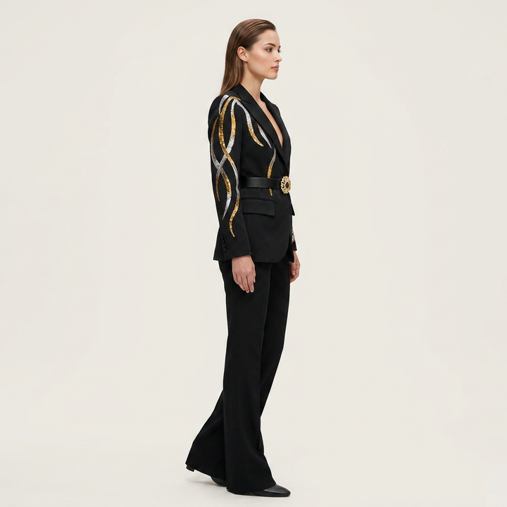 Rhinestone Belt Blazer and Flared Pants Suit Set for Elegant Evening Style Women-Vyana Collective