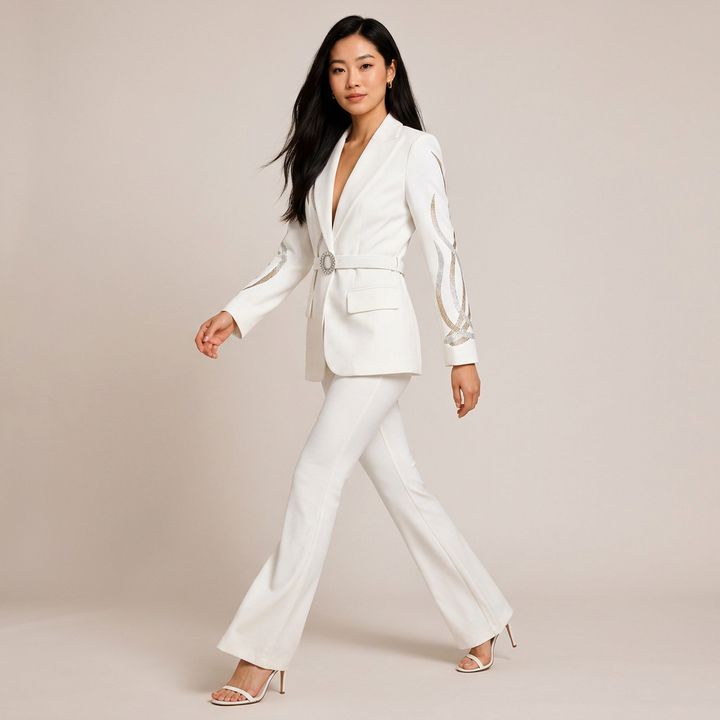 Rhinestone Belt Blazer and Flared Pants Suit Set for Elegant Evening Style Women-Vyana Collective