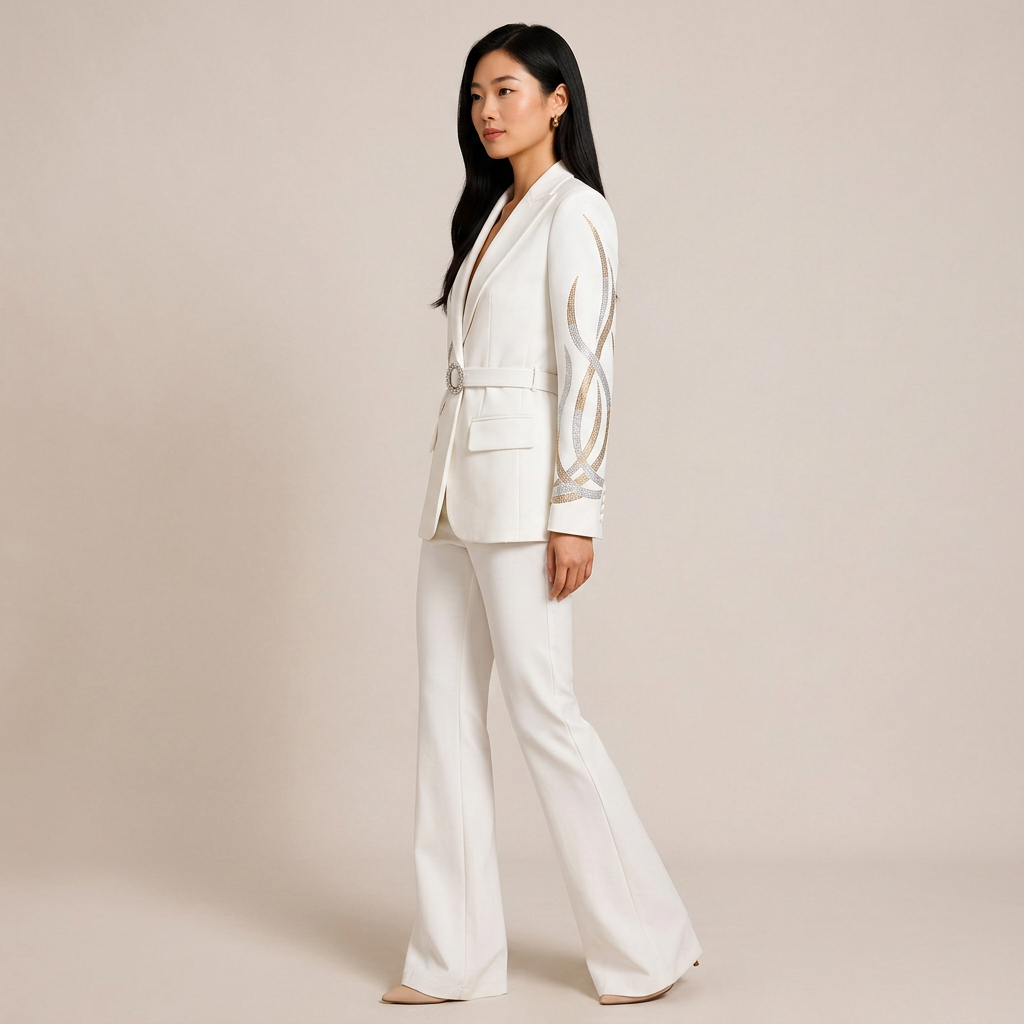 Rhinestone Belt Blazer and Flared Pants Suit Set for Elegant Evening Style Women-Vyana Collective