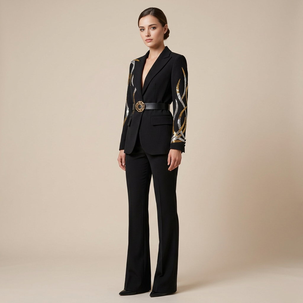 Rhinestone Belt Blazer and Flared Pants Suit Set for Elegant Evening Style Women-Vyana Collective