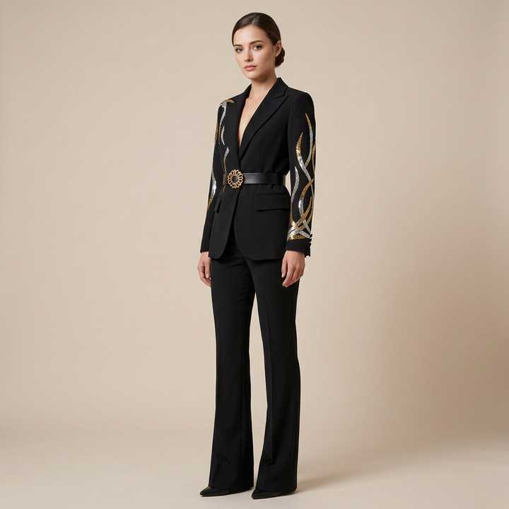 Rhinestone Belt Blazer and Flared Pants Suit Set for Elegant Evening Style Women-Vyana Collective