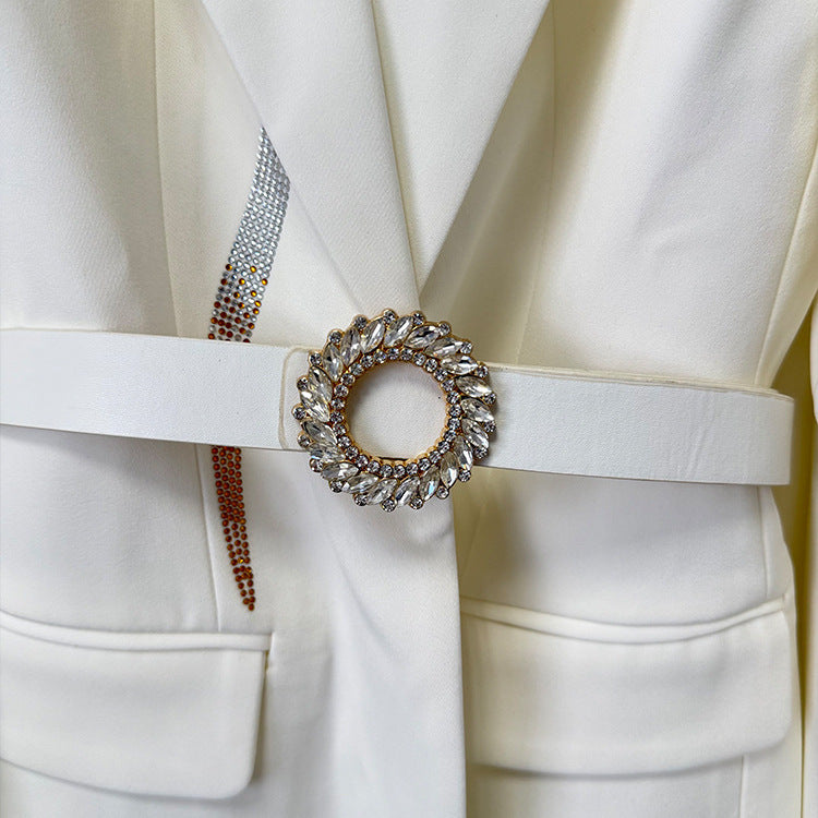 Rhinestone Belt Blazer and Flared Pants Suit Set for Elegant Evening Style Women-Vyana Collective