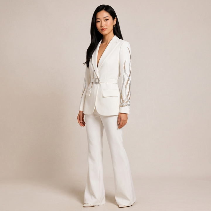 Rhinestone Belt Blazer and Flared Pants Suit Set for Elegant Evening Style Women-Vyana Collective