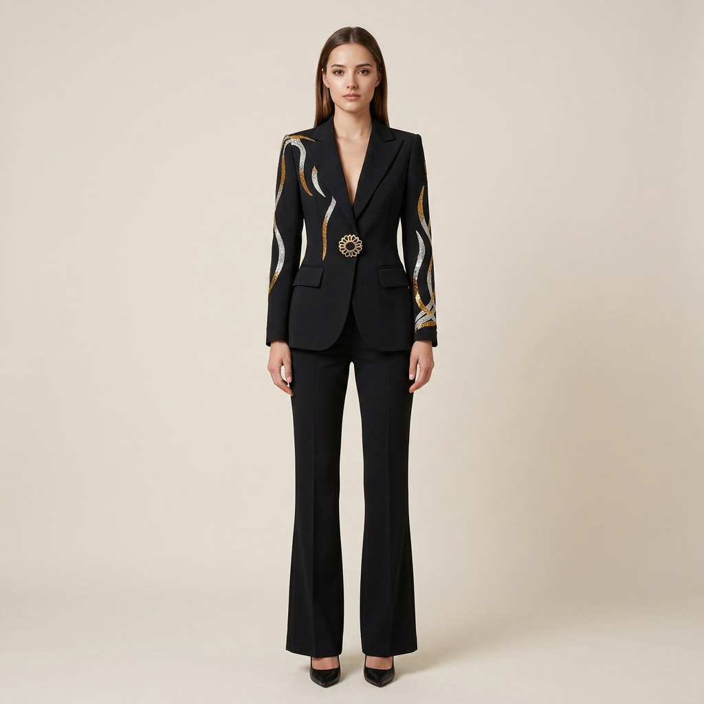 Rhinestone Belt Blazer and Flared Pants Suit Set for Elegant Evening Style Women-Vyana Collective