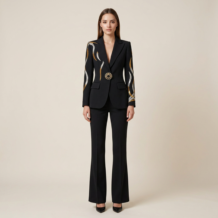 Rhinestone Belt Blazer and Flared Pants Suit Set for Elegant Evening Style Women-Vyana Collective