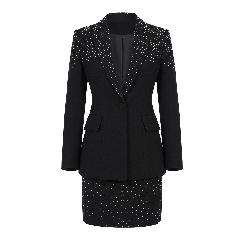 Rhinestone Blazer and Mini Skirt Suit Set for Meetings Ready and Executive Elegance Women-Vyana Collective