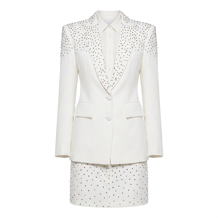 Rhinestone Blazer and Mini Skirt Suit Set for Meetings Ready and Executive Elegance Women-Vyana Collective