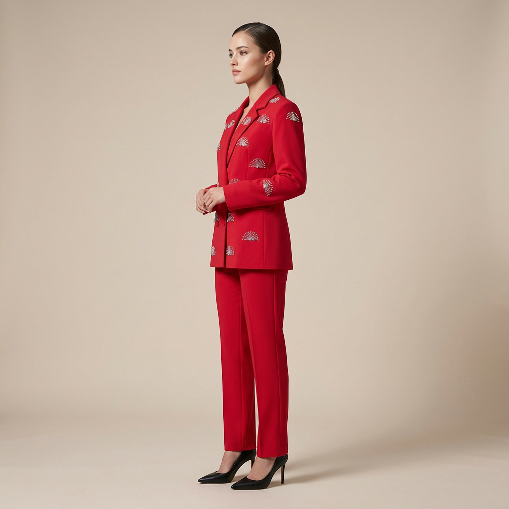 Rhinestone Fan Motif Double Breasted Notched Lapel Tailored Blazer Jacket-Vyana Collective