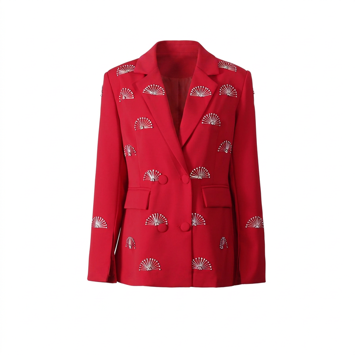 Rhinestone Fan Motif Double Breasted Notched Lapel Tailored Blazer Jacket-Vyana Collective