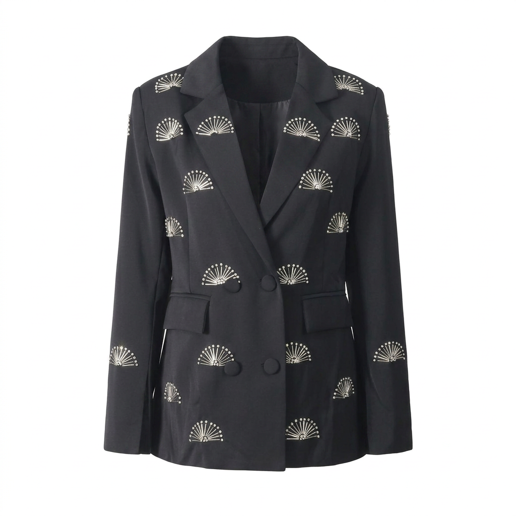 Rhinestone Fan Motif Double Breasted Notched Lapel Tailored Blazer Jacket-Vyana Collective