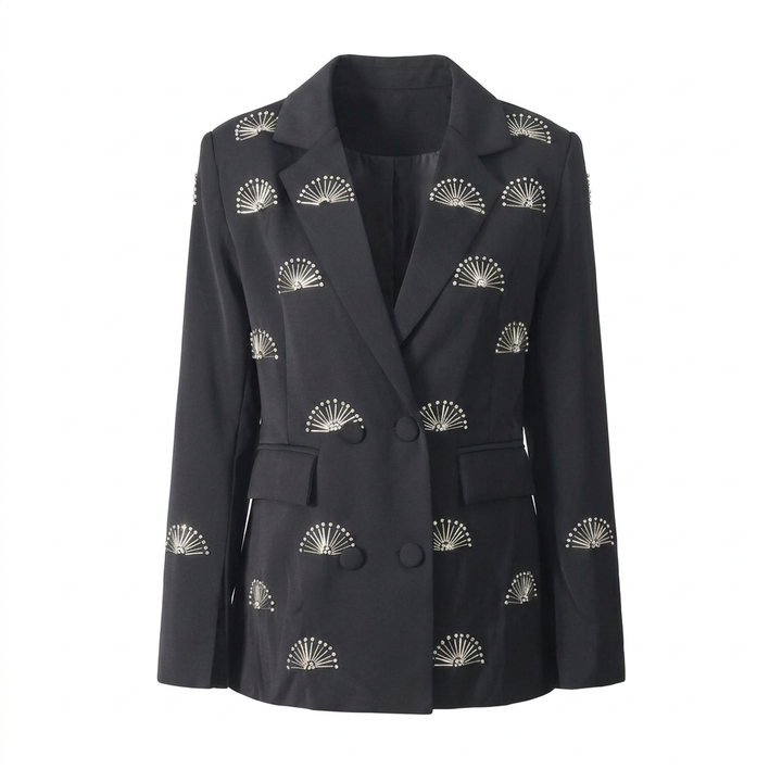 Rhinestone Fan Motif Double Breasted Notched Lapel Tailored Blazer Jacket-Vyana Collective