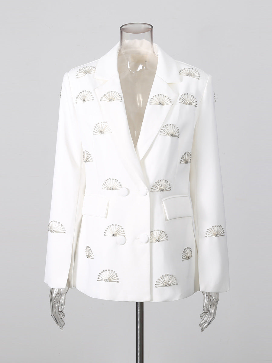 Rhinestone Fan Motif Double Breasted Notched Lapel Tailored Blazer Jacket-Vyana Collective