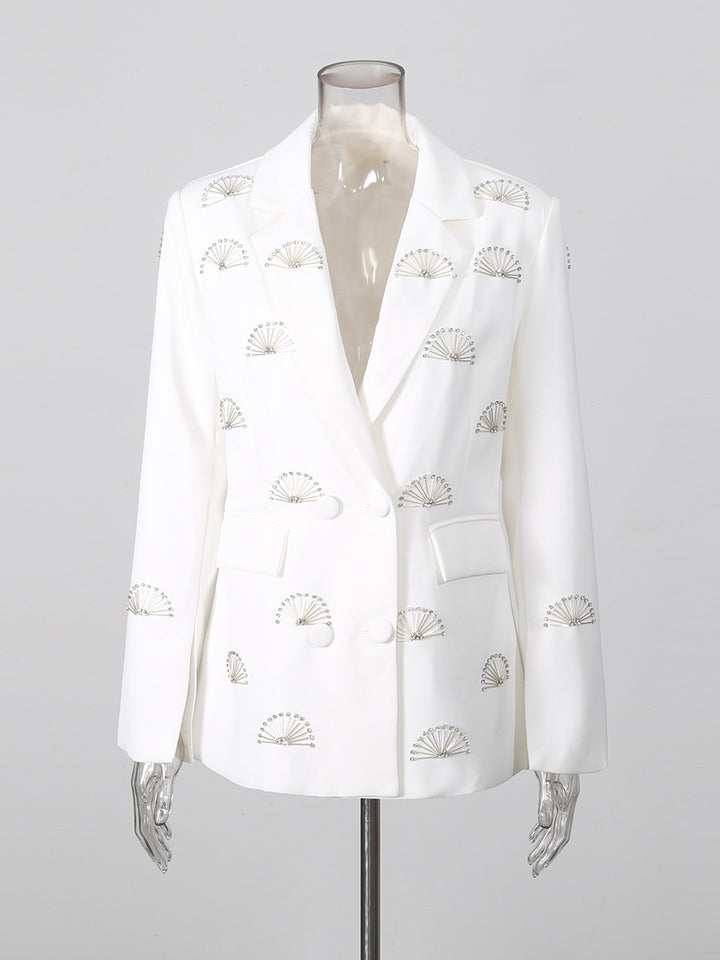 Rhinestone Fan Motif Double Breasted Notched Lapel Tailored Blazer Jacket-Vyana Collective