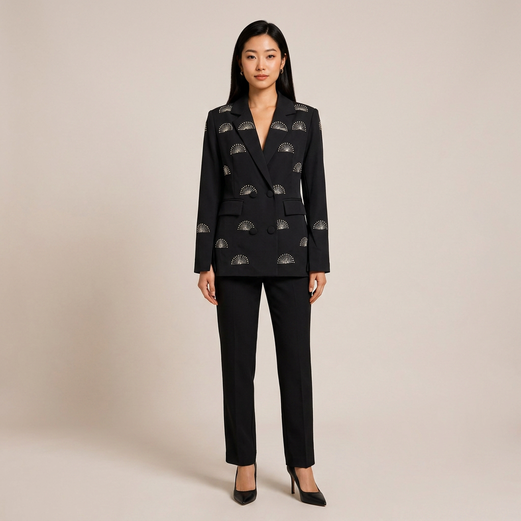 Rhinestone Fan Motif Double Breasted Notched Lapel Tailored Blazer Jacket-Vyana Collective