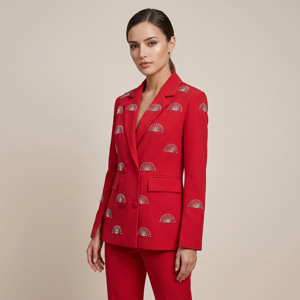 Rhinestone Fan Motif Double Breasted Notched Lapel Tailored Blazer Jacket-Vyana Collective