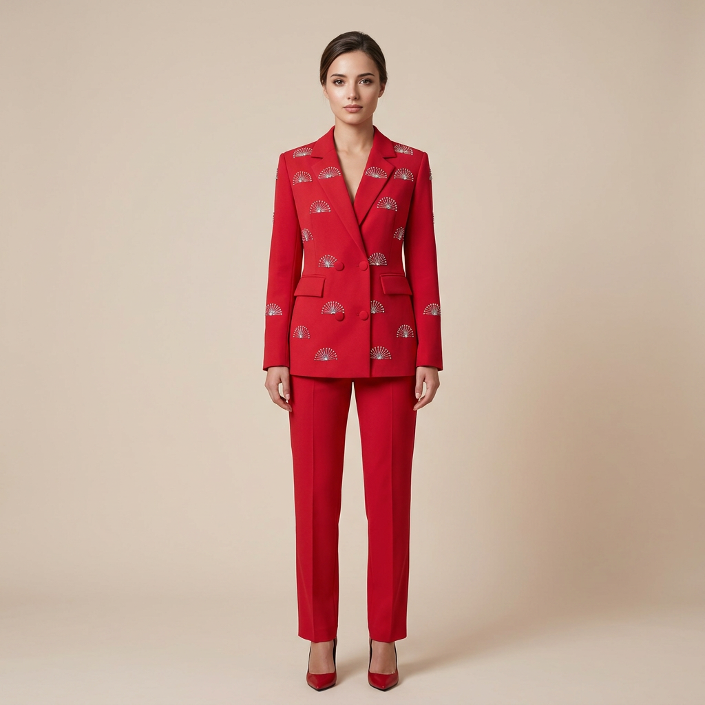 Rhinestone Fan Motif Double Breasted Notched Lapel Tailored Blazer Jacket-Vyana Collective