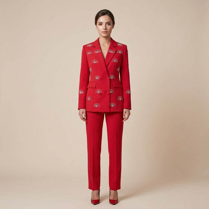 Rhinestone Fan Motif Double Breasted Notched Lapel Tailored Blazer Jacket-Vyana Collective