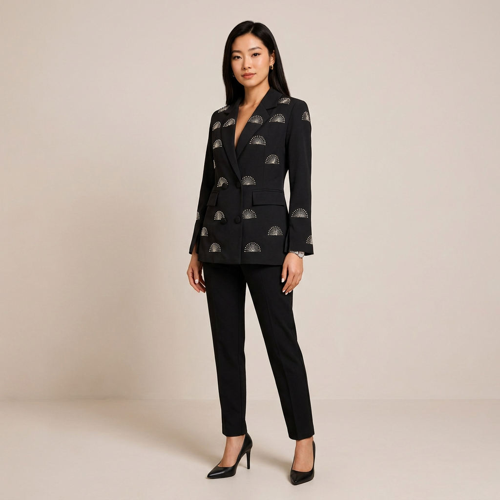 Rhinestone Fan Motif Double Breasted Notched Lapel Tailored Blazer Jacket-Vyana Collective