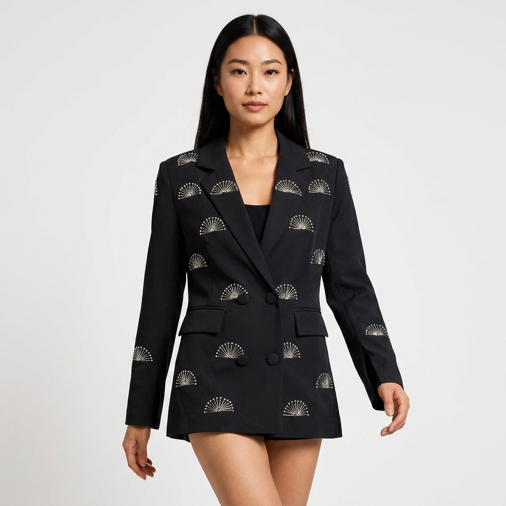 Rhinestone Fan Motif Double Breasted Notched Lapel Tailored Blazer Jacket-Vyana Collective