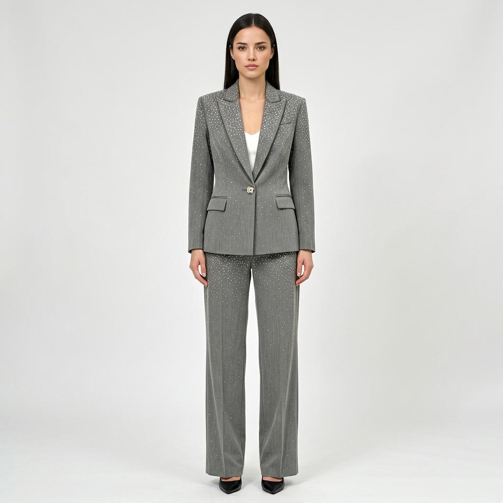 Rhinestone Gray Blazer and Wide Leg Pants Set for Meetings Ready and Executive Elegance Women-Vyana Collective