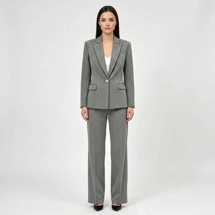 Rhinestone Gray Blazer and Wide Leg Pants Set for Meetings Ready and Executive Elegance Women-Vyana Collective