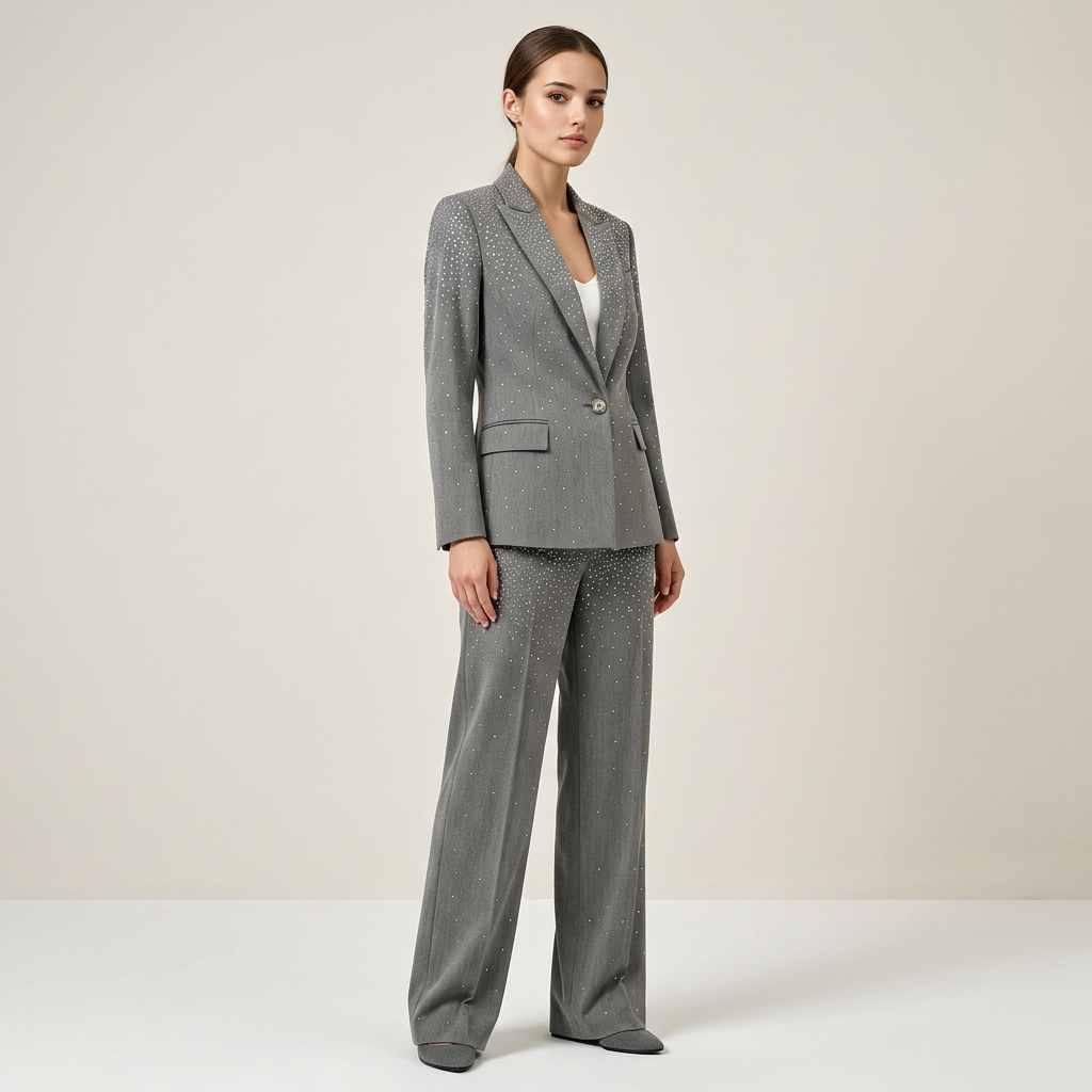 Rhinestone Gray Blazer and Wide Leg Pants Set for Meetings Ready and Executive Elegance Women-Vyana Collective