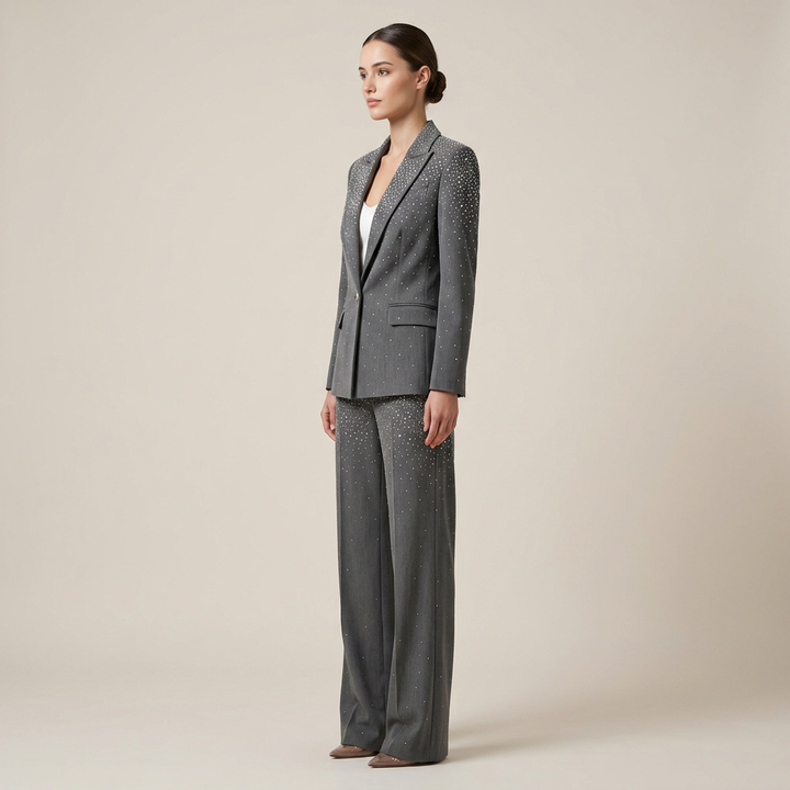 Rhinestone Gray Blazer and Wide Leg Pants Set for Meetings Ready and Executive Elegance Women-Vyana Collective