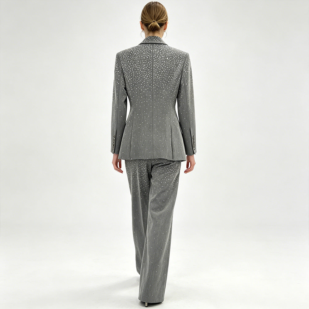 Rhinestone Gray Blazer and Wide Leg Pants Set for Meetings Ready and Executive Elegance Women-Vyana Collective