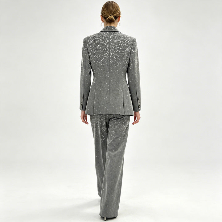 Rhinestone Gray Blazer and Wide Leg Pants Set for Meetings Ready and Executive Elegance Women-Vyana Collective